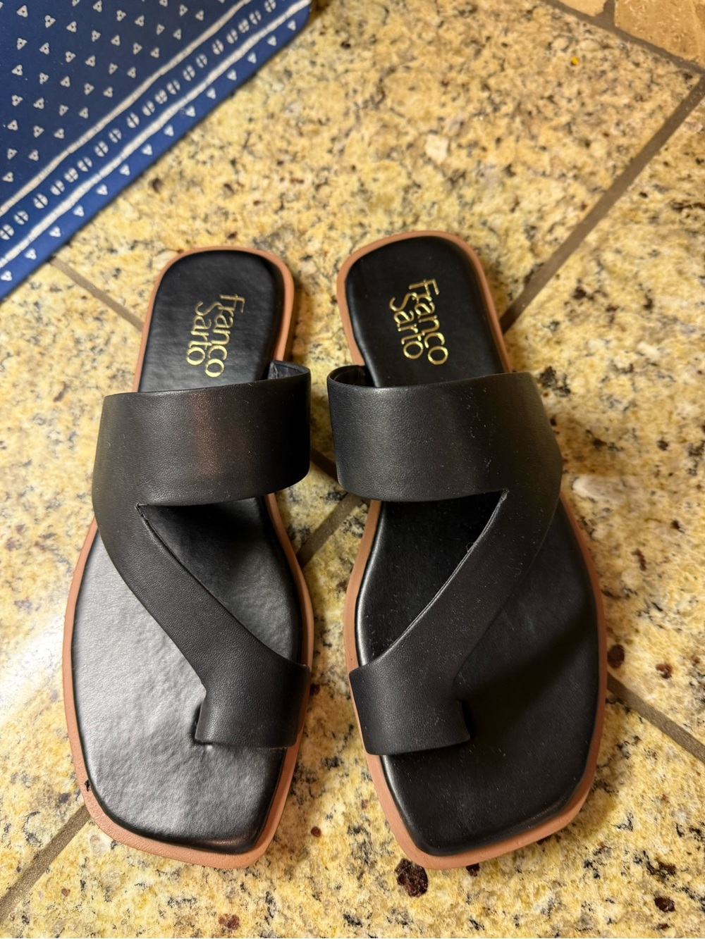 Franco Sarto Black Leather Slide Sandals with Tan Sole Edge - Picture 3 of 7